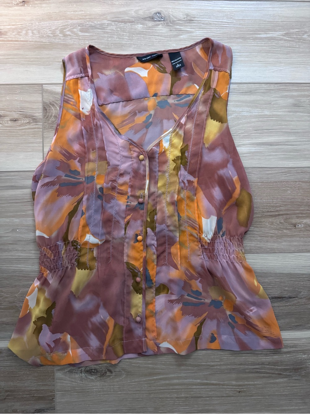 New York & Company Floral Sleeveless Button-Front Blouse- Pink/Orange